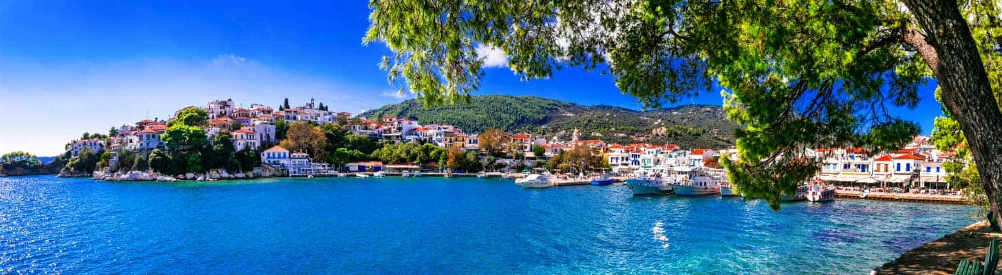 Panoramic view of the coastline of Skiathos Island, Greece