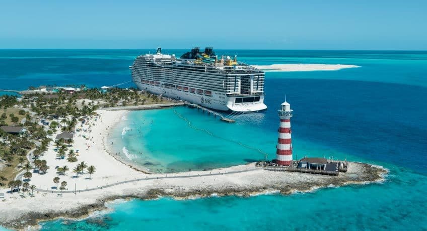 MSC World America docked at Ocean Cay Marine Reserve