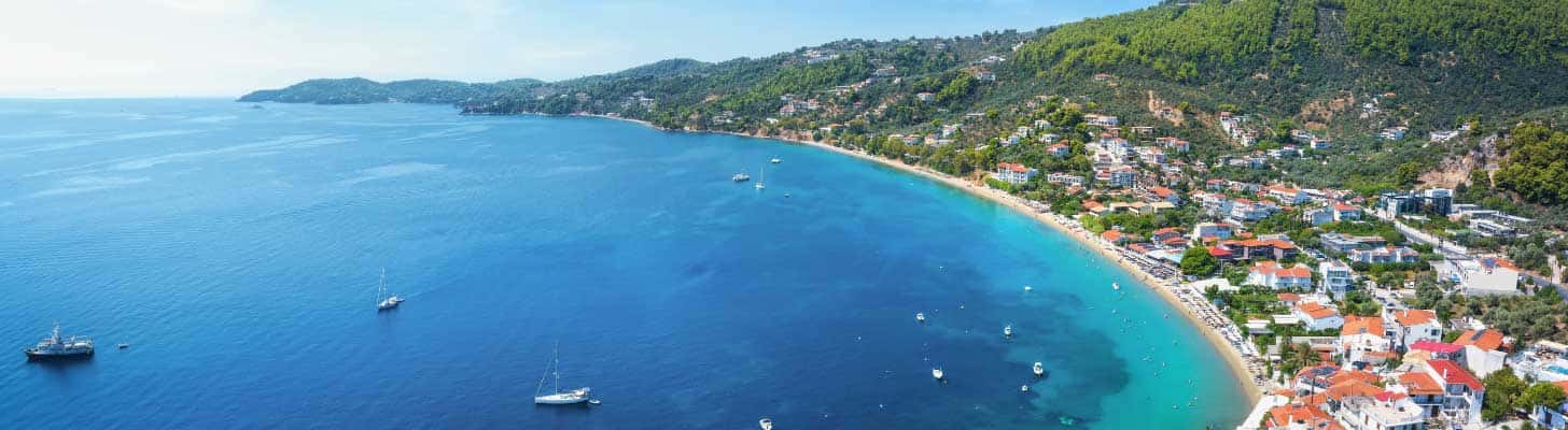 Aerial view of the bay of Megali Ammos in Skiathos