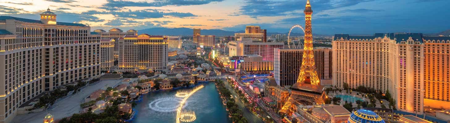 Panoramic view of Las Vegas strip at sunset