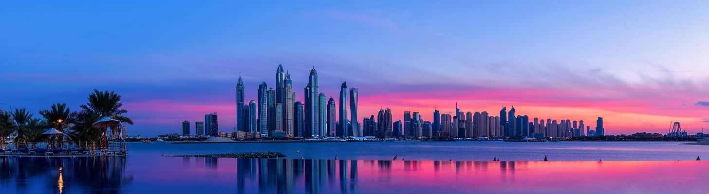 Skyline of Dubai at sunset
