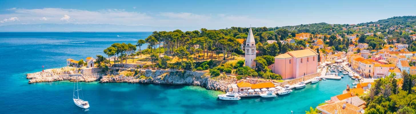 Aerial view of a coastal village on the island of Losinj, Croatia