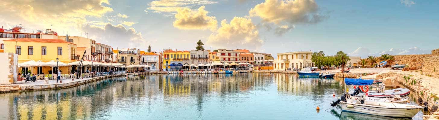 Restaurants & bars line the waterfront at Rethymnon, Crete