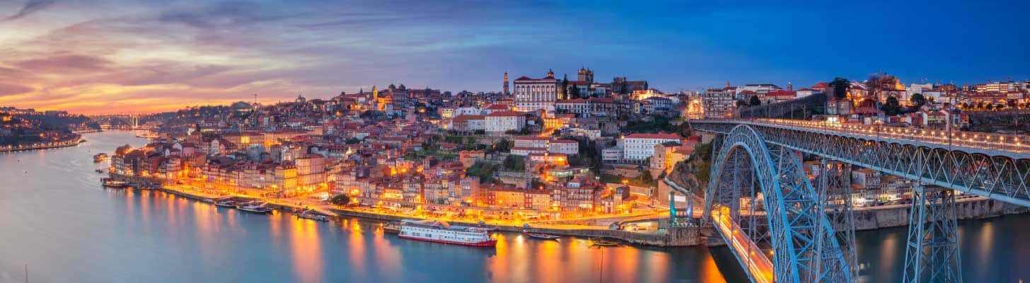 Panoramic cityscape of Porto at sunset