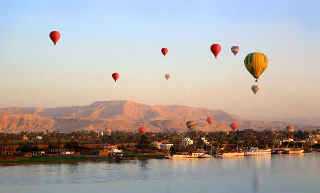 Hot air balloons at sunrise in Luxor, Egypt