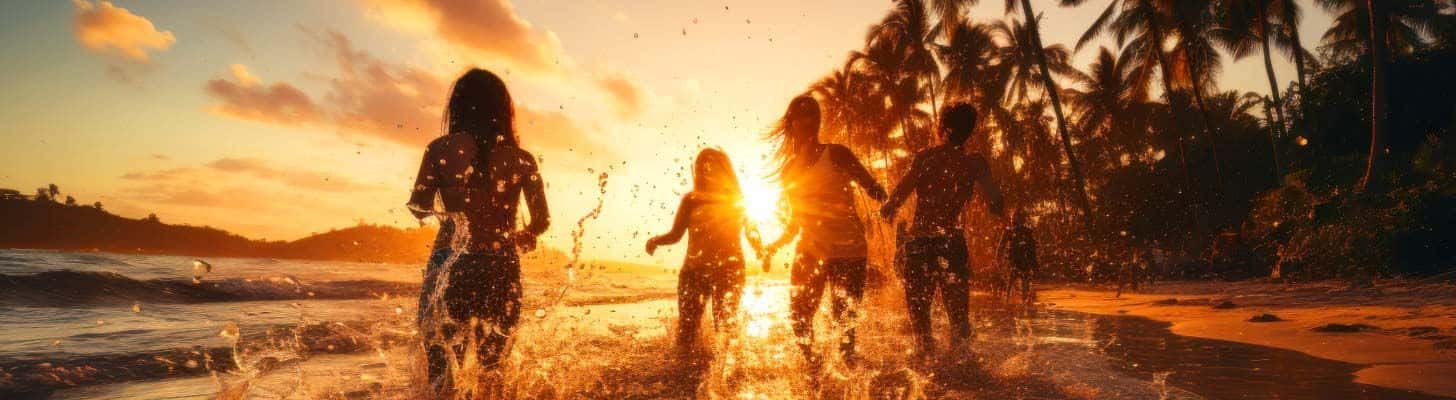 People running along the seashore at sunset