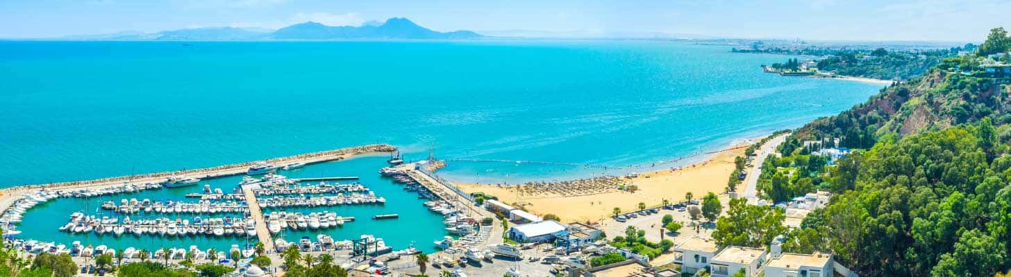Panoramic view of the harbour at Sidi Bou Said in Tunisia