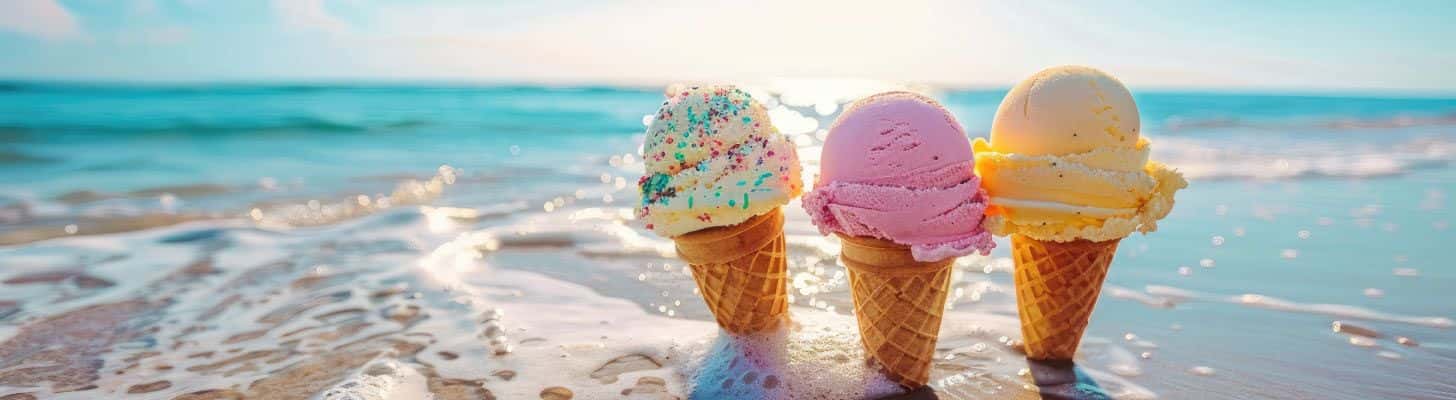 Ice cream cones in the sand on a beach