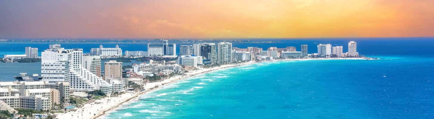 Sunset over the strip in Cancun, Mexico