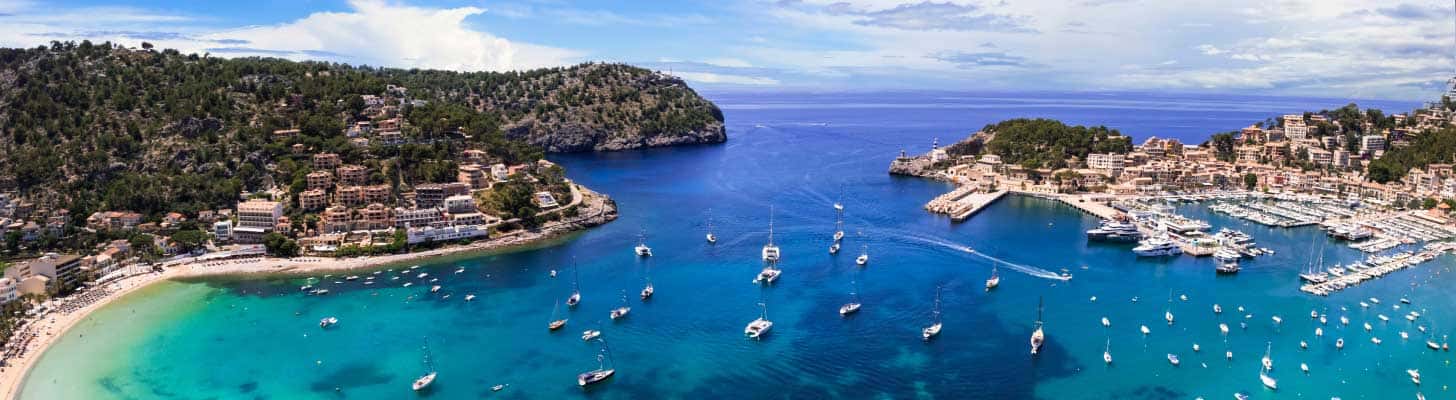 Panoramic view of Port de Soller bay & marina in Majorca