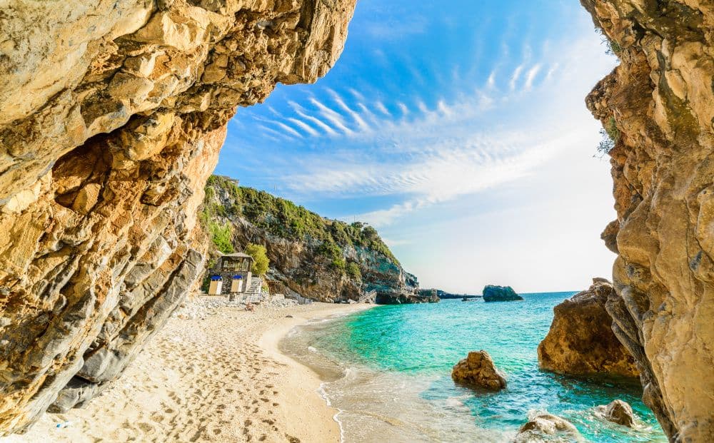 Beautiful view over the sea beach in Corfu island, Pelion, Mylopotamos, Greece