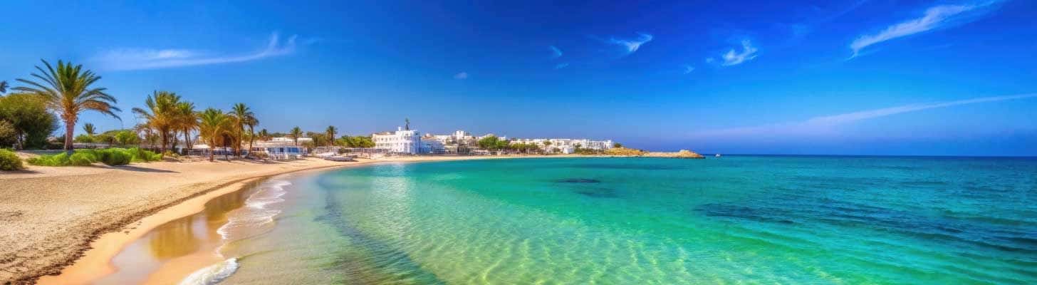 Clear blue waters & golden sand in Hammamet, Tunisia