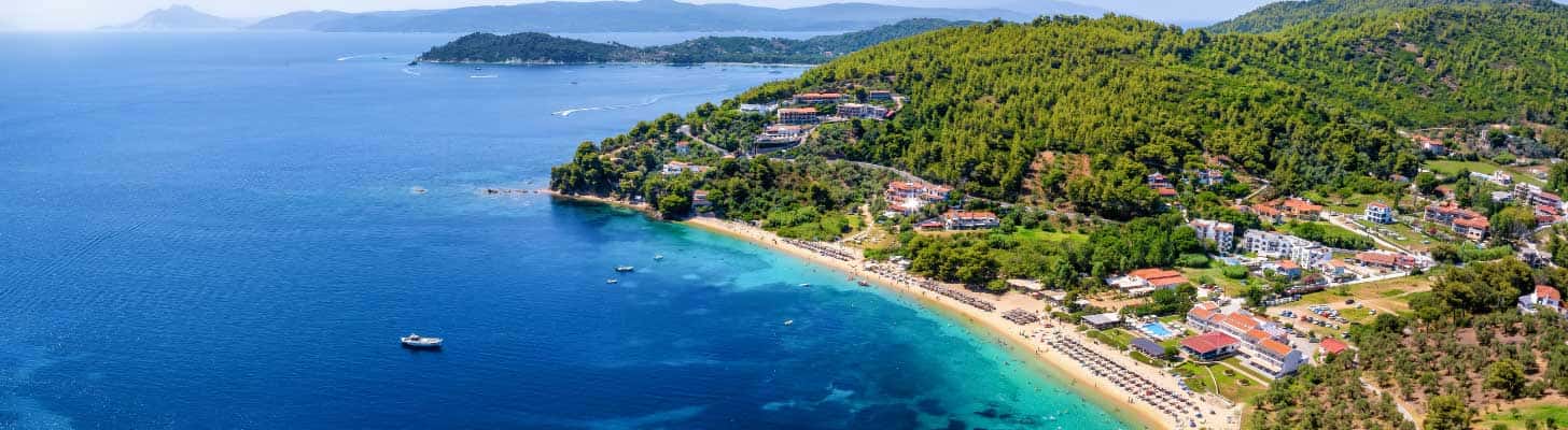 Aerial view of the bay of Koukounaries in Skiathos, Greece