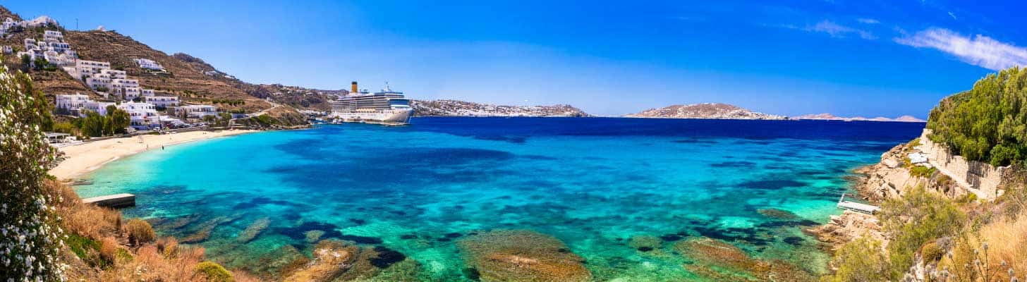 Blue waters of the beach at Agios Stefanos in Mykonos