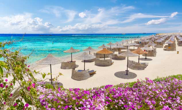 Beach umbrellas line the beach in Marsa Alam, Egypt